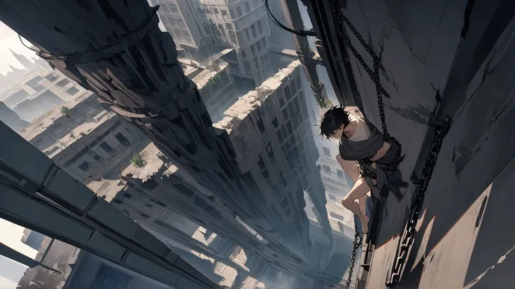 Male, bishounen, masculine, adult, light skin, messy black hair, lean body, barefoot, bare legs, torn waist-length dark grey poncho, stuck, tied up with chains, chains around body, arms tied, sci-fi, city ruins chasm, suspended vertically, airborne, slack ...