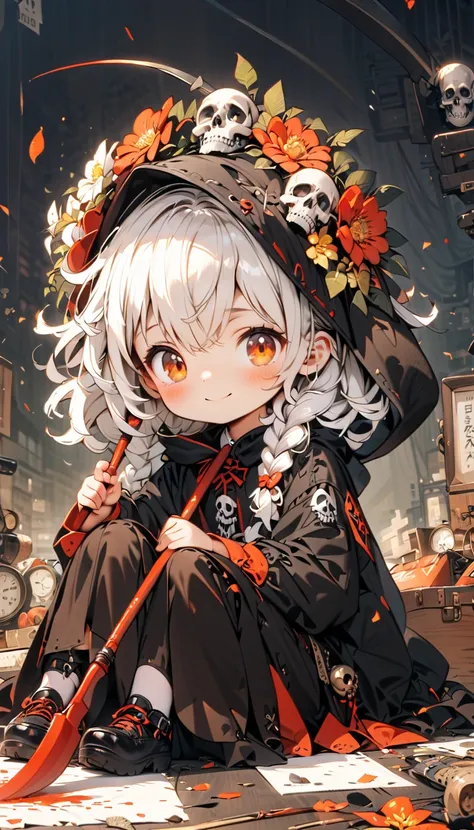 Alone,1 Female(grim Reaper, cute,Cute,Age 10, hair color is white ,  hair with braids, messy hair,Eye color is dark, big eyes, white skin, big smile,enjoy, full body,grim Reaperの黒いローブを着て,( black hood ),Hold a sickle,skip, flower hair ornament with bun head...