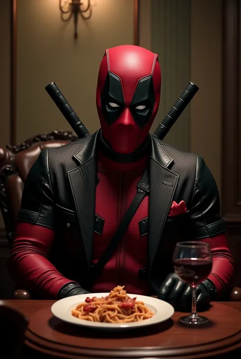 Imagine Deadpool dressed in a sharp pinstripe suit, sitting in a classic Italian mafia setting with a plate of spaghetti and a glass of red wine. He’s surrounded by his loyal henchmen in a dimly lit room, cracking jokes while making a deal with a rival gan...