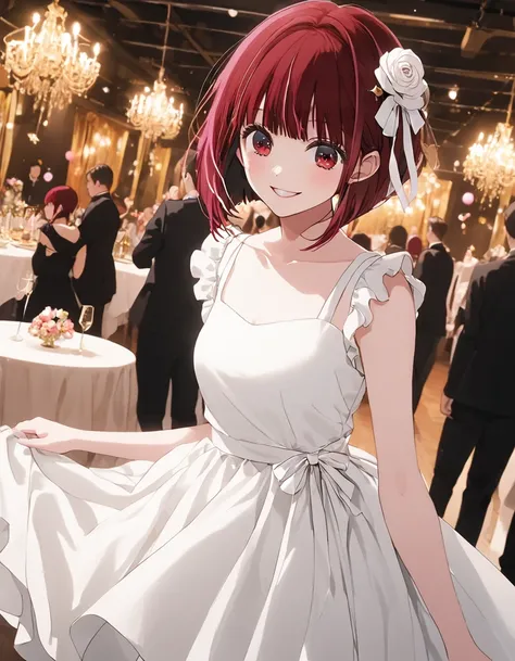  top quality 、Arima Kana、Baby Face、 innocent girl、 red hair、 bob cut、Red eyes、White porcelain skin 、 top quality 、white dress 、Shoulder、 black rose hair ornament、 party venue、 smiles、whole body