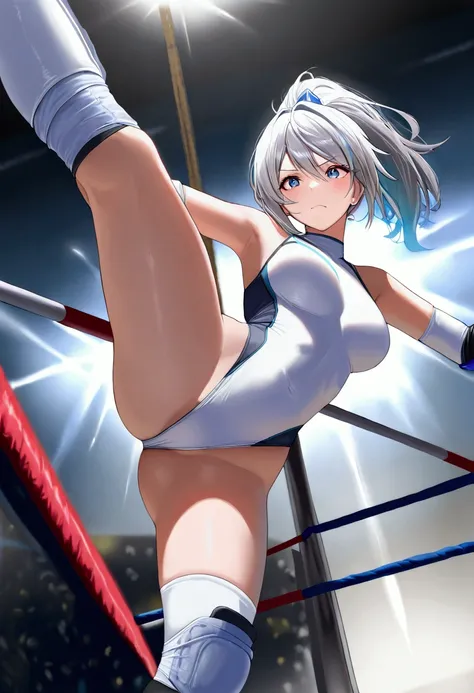 ((((masterpiece)))), (( unity 8k wallpaper, photorealistic , (( detailed face )), ((nsfw)), Female Pro Wrestler with Floating Legs, has a confident face, absolute center,The signboard star ,Ponytail,ribbon,Pure white leotard,Elbow guard, leg protector ,Ent...