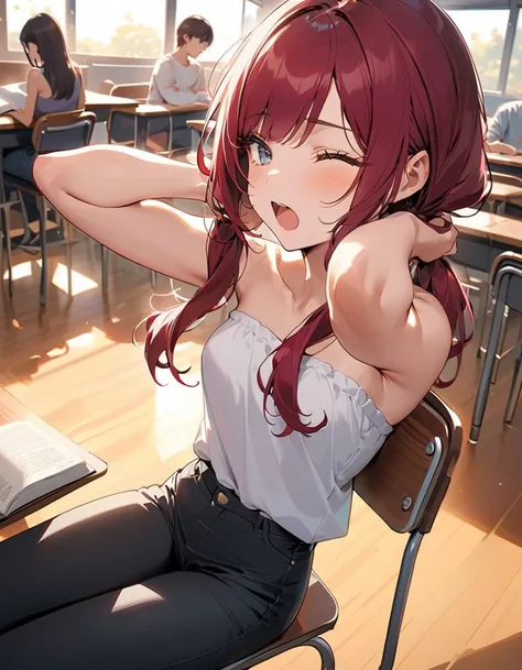 (masterpiece, Best Quality), intricate details, from above , sleepy young woman yawning, arms up, hands behind head, flexing small biceps, yawn, one eye closed, close up, beautiful face, small breasts, Gray eyes, dark red hair, ((long bangs, eyelashes, swe...