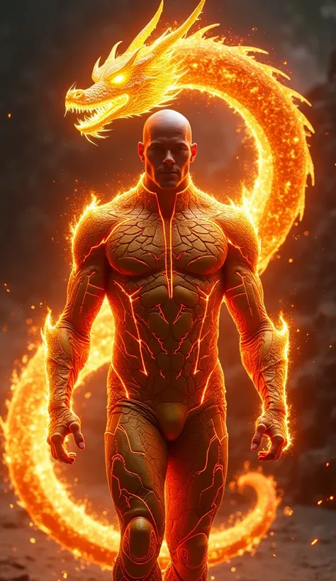 "A fire-powered superhero in a molten-metal-inspired suit with glowing orange cracks, attempting to create a dragon made of holographic flames, but the dragon hilariously dissipates into harmless sparks."