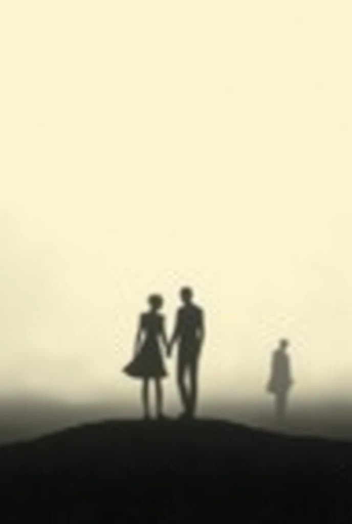 A subtle, silhouette of a couple far at a distance, back shown to the front, walking hand in hand or embracing, another lady, at a distance, watching them