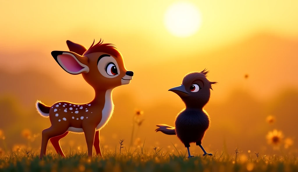 " high definition image , disney pixar style.  A baby deer and a baby crow , both looking at the horizon,  while the light of dawn softly illuminates the environment .  The deer has brown fur with white spots and large, innocent eyes,  while the raven is b...