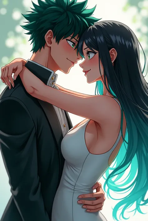 Fille sexy au cheuveux long lisse noir et au bout turquoise,yeux turquoise avec des éclats de noir,en robe blanche sexy  dans les bras de bakugo(mha),style animé