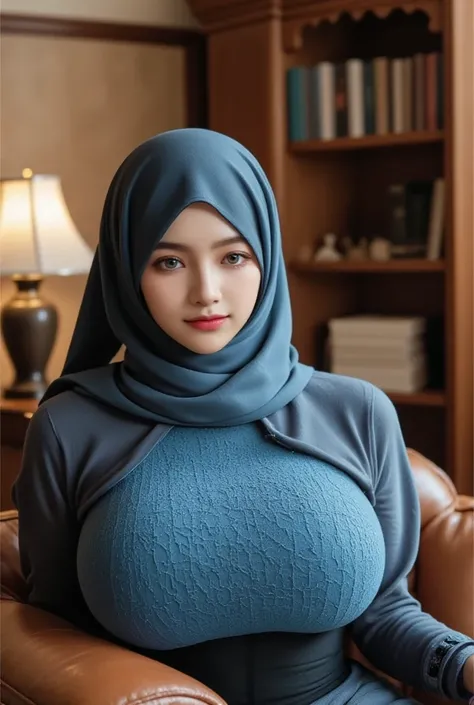 A curvy fair indian girl in her aky blue colour hijab and blue dot pattern full sleave t shirt and pale blue jeans sitting on a couch with mahogany works, infront of a small book shelf in a living room with arabic style interior, an old style table lamp, g...