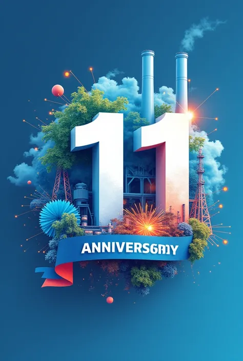 Design a dynamic and bold logo for NPLs 11th-anniversary celebration. Incorporate the existing NPL logo in blue, blending it seamlessly with key thermal power plant elements such as natural draft cooling towers, boilers, turbines, and energy towers. Includ...