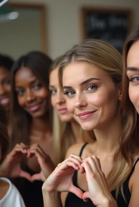 Crowded beautiful European fashion women with different skin colors making make up and a blond beautiful realistic woman makes heart sign with her hands, all of them happy in a beauty center and there is a sign somewhere written on in "Beautiful European S...