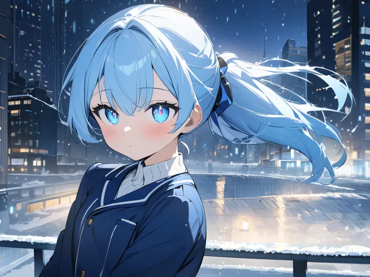 ((Top quality)), ((Masterpiece)), Light blue hair ponytail. A cute junior high school student with big, shining eyes is wearing a navy blue long-sleeved blazer. city. In the city. snow.