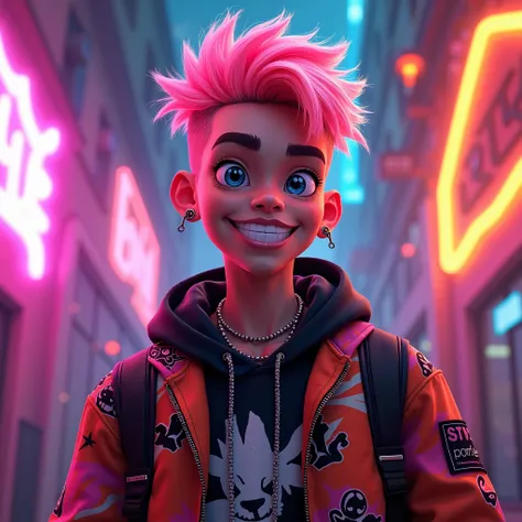 A dynamic AI avatar of a vibrant social media influencer with bright, neon-colored hair styled in a unique and edgy cut. The individual wears stylish, modern streetwear with bold patterns and neon accents. The background is a colorful, graffiti-inspired de...