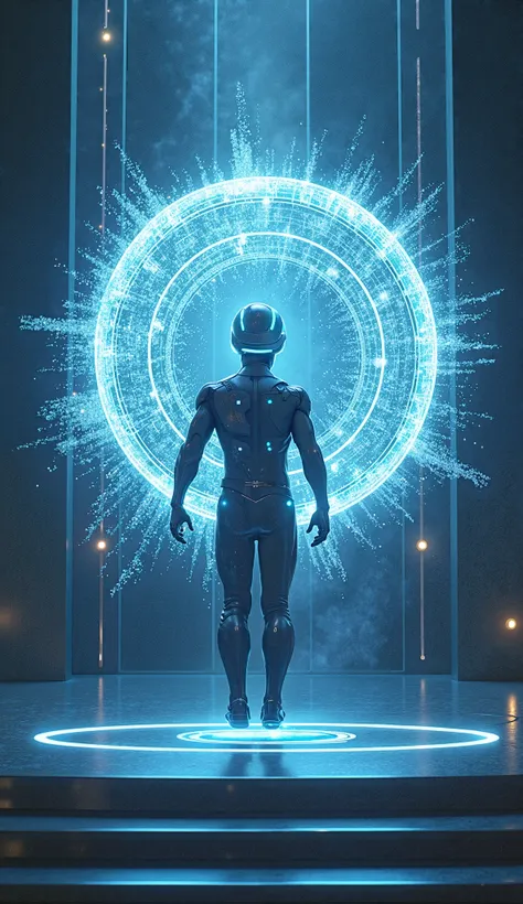 "A telepathic superhero wearing a glowing, mind-enhancing helmet, levitating high-tech orbs that form intricate, mesmerizing patterns of light and energy above a sleek metallic stage."