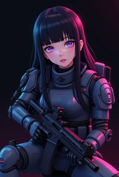 Full body portrait of a beautiful and cute woman, drawn in 3D animation style, Hinata Hyuga, a girl with black hair, long, flat bangs covering her forehead,
, with Byakugan eyes (glowing pale lavender), natural thin lips, with a super big upper body, cospl...