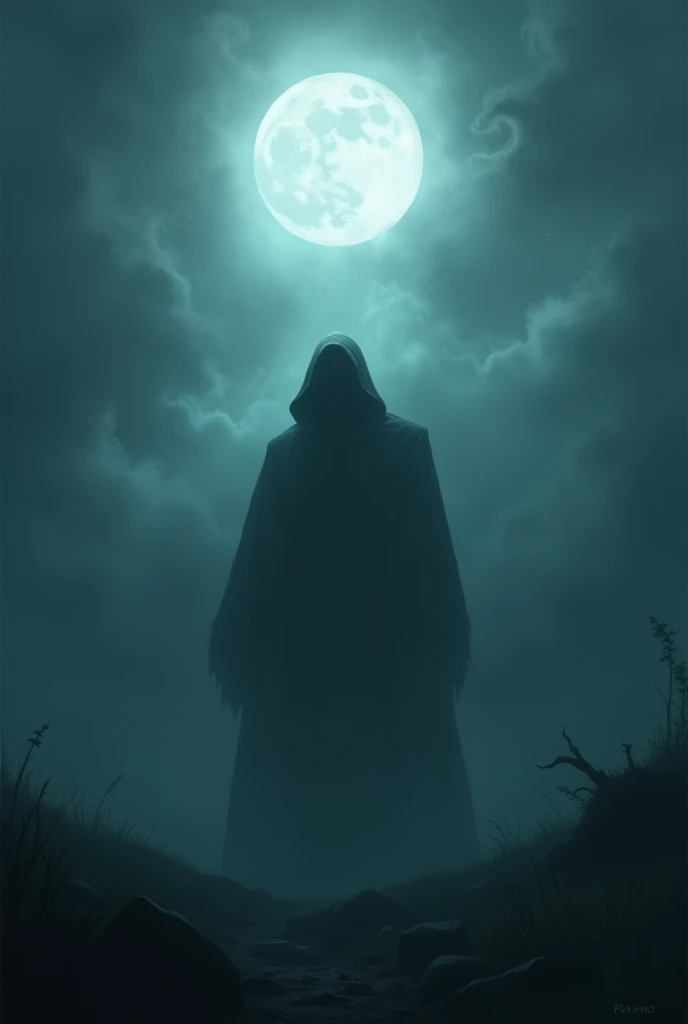 standing menacingly under a glowing full moon, his figure barely visible through the dense fog.