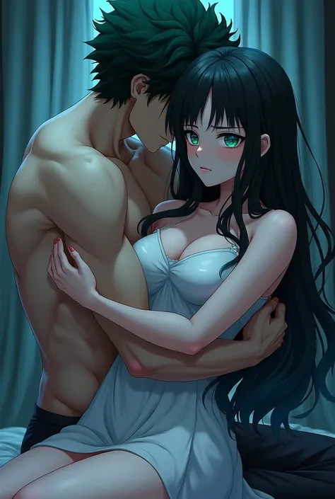 Fille sexy au cheuveux long lisse noir et au bout turquoise,yeux turquoise avec des éclats de noir,In a sexy white dress half crying in Katsuki Bakugos arms(mha),Anime Style