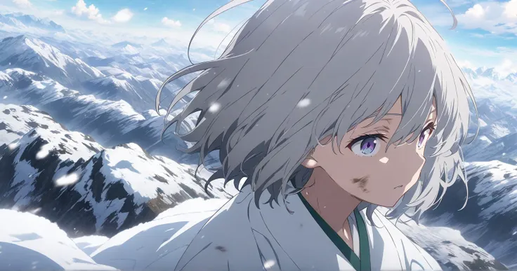  snowy mountains　 girl with gray hair bob　Tattered and dirty white clothes　 key visual　anime　 anime keyvisual, 