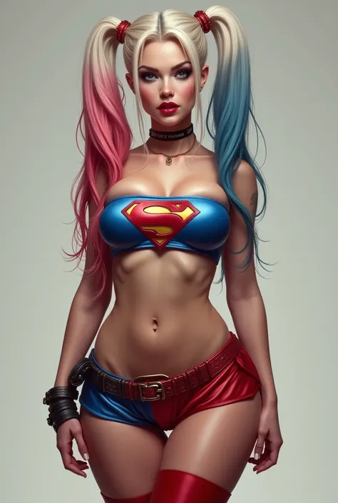 Nsfw sexy Ultra detailed 2D long hair Harley Quinn with big boobs and busty cleavage full body view athletic figure wearing a tiny red satin flare skirt blue satin low cut top with superman logo and red thigh high boots 