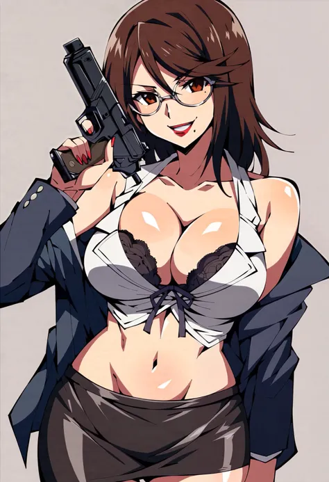 RirikoKagome, RirikoTeacher, brown hair, short hair, brown eyes, mole under mouth, large breasts, lipstick, over-rim eyewear, cleavage, white shirt, underwear, black bra, ribbon, lingerie, l smile, parted lips , shiny, shiny skin, shiny hair, shiny clothes...