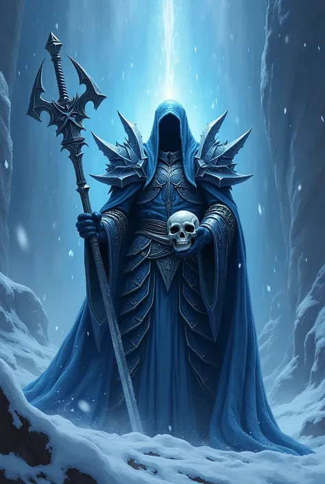 Create a portrait image with the Lich King Arthas from World of Warcraft before a blizzard in the Icecrown area with a skull and the sword Frostmourne in his hands. Add another army of undead ice zombies . 