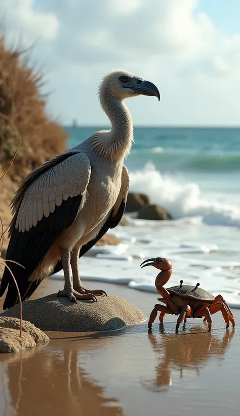 **"A life-size vulture, about 3 feet tall, stands next to a medium-sized crab, about 1 foot tall, both at their actual sizes facing each other. The scene is a coastal cliff, combining the natural habitats of both animals. The vulture is perched on a rock, ...