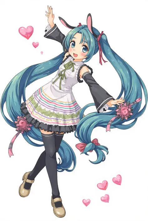 (masterpiece、 top quality 、 top quality 、 Official Art、beautiful beautiful:1.2)、( 1 girl:1.3) Hatsune Miku 、 twin tails,Big Breasts, 1 girl, animal ears,  pink hair,  long hair, rabbit,   open your mouth, smile, rabbit ears, bow, Alone, White background,  ...