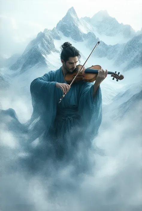 An illustration of a masculine man playing violin in a peak of Olympus