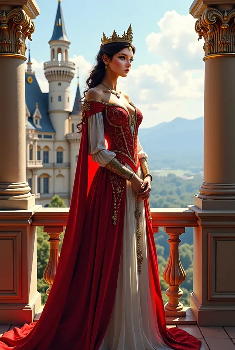 masterpiece, best quality, highres, award winning, super detail, anatomically correct  a young queen standing on the balcony of the kings castle