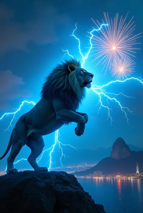 A majestic lion unleashing vibrant blue lightning bolts and dazzling fireworks. The lion exudes power and grandeur, with its fur subtly glowing in shades of blue, blending seamlessly with the electric energy it emits. The setting is in Rio de Janeiro, Braz...