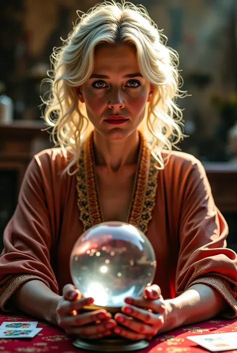 Ultra-realistic 8K image of a 50-year-old blonde fortune teller looking directly at the camera with a piercing and intense gaze. She stands close to the viewer, with both hands on the table with a crystal ball, strongly attracting attention. She wears a de...