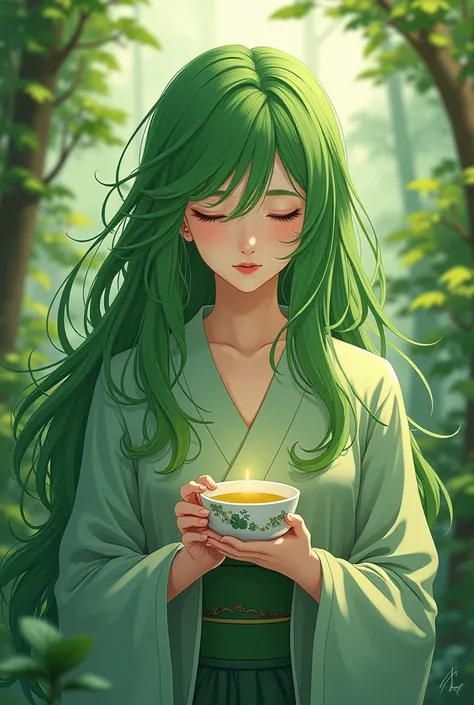 Long-haired green woman holding sencha　anime