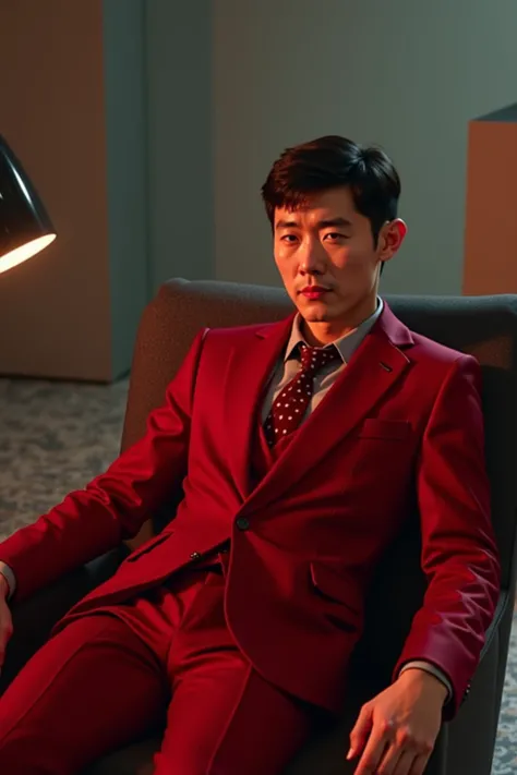 a man in a red suit sitting in a chair, meet the actor behind the scenes, love death and robots, iu lee ji-eun as a super villain, behind the scenes photo, bts, netflix animation, cinematográfica, stop motion character, cgivfx, donald glover as miles moral...