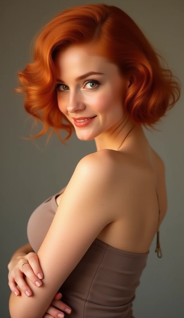  Hair Curler,  looking at the audience ,  redhead, Short hair, smile,  golden hair,  simple background ,  best quality,  big breasts, Bright eyes, 