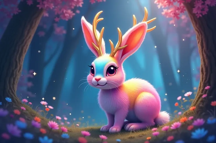 a colorful rabbit with antlers in a magical forest,soft pastel colors,horned bunny,whimsical fantasy creature,realistic fur texture,shimmering rainbow colored fur,golden antlers,sparkling eyes,mischievous smile,enchanting background with twinkling stars,et...