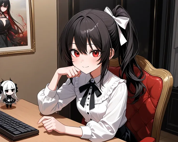   GIRL SITTING behind a chair in a dark black room Hair: Short,  keyboard in deep red ,  long-sleeved white blouse .  and the front strands fall slightly on the face ,  arranged in two ponytails on the sides . eyes: Big ones,  expressive ,  right hand on ,...