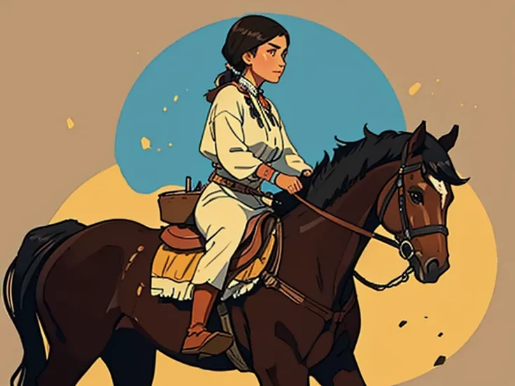 " color spots ,  masterpiece fails, detailed details, woman on horseback ,  native American ,  short dark hair,  rocky background"