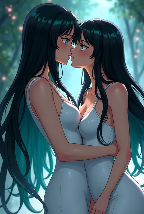 Fille sexy au cheuveux long lisse noir et au bout turquoise,yeux turquoise avec des éclats de noir,en robe blanche sexy en train dembrasser bakugo(cheuveux blond)(mha),style animé