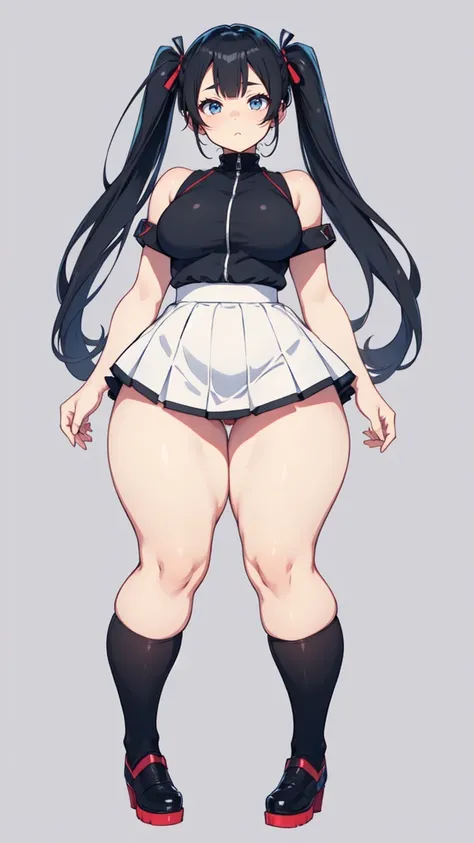 blank background, (((full body))), (masterpiece), ((best quality)), (very short girl), flat chest, short twintail, (wide hips:1.4), (thick thighs:1.4), (very short skirt), toeless footwear