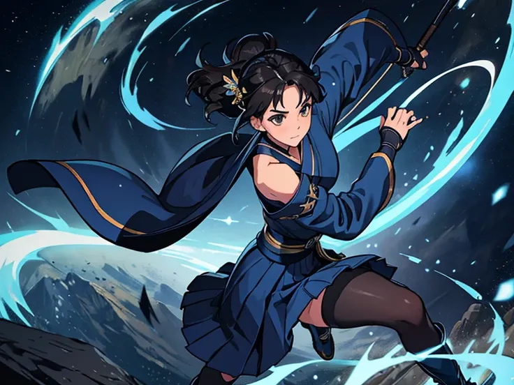 「mastery,  1 girl fights,  high quality  ,  short dark hair ribbons,   hair ornament  ,   fingerless gloves , blue gloves,  kimono ,   long sleeves, wide sleeves,  Separate sleeves,  bare shoulders are visible , neck clothing line , cutout,  blue skirt,   ...