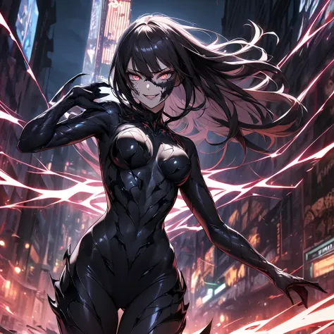 "A highly detailed digital art of a girl wearing a sleek, black Venom-inspired suit. The suit is textured with glossy, alien-like symbiote entire body like a second skin. Her face is partially revealed with intense eyes, while the symbiote forms sharp, org...