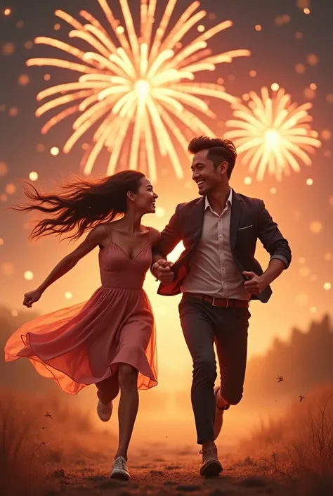 a couple, running, the girl running backward and holding the man, both smiling, the scenery is fireworks 