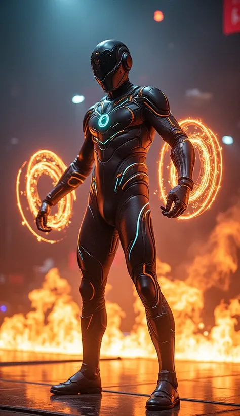 "An underdog superhero wearing a sleek, modular suit that integrates glowing holograms, performing yo-yo tricks enhanced by telekinetic energy, with glowing fire rings surrounding the stage in a dazzling spectacle."