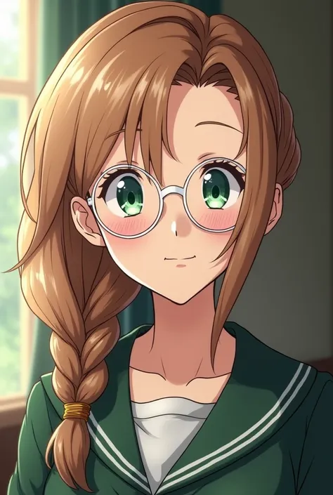 Anime style a new girl at malory towers, with beautiful green eyes, gorgeous light brown hair with white highlights, braided into a fine single dutch braid, with white roynd glasses. Shes gorgeous, and looks pretty. But theres definitely more to her charac...