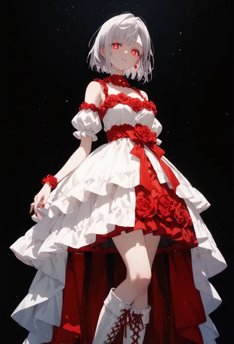 creating an atmosphere of mystery. Her posture showcases confidence and elegance. moe-style artwork,1girl, Alone,silver hair, red glowing eyes, bob cut sharp facial features,,porcelain skin,breasts,1girl, solo,flower layerd dress,long boots,