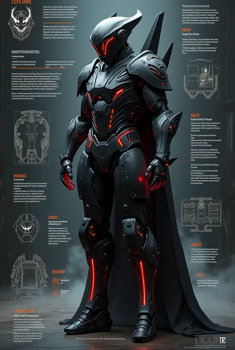 Schematic infographic, unusual shape exo-extraterrestrial Future eccentric Armor, evil powered mecha design with sith dark lord technology. 