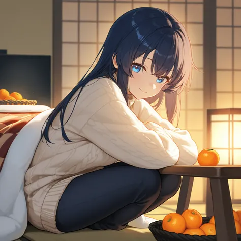  masterpiece, high-quality digital illustration of a young girl relaxing in a traditional Japanese tatami room. She has 【long, straight, dark blue hair】 that flows elegantly, and striking blue eyes. She is wearing cute and cozy winter clothing, including a...