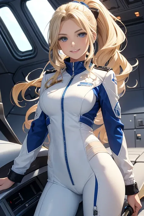 (( top quality )), ((masterpiece)), (  Details)　woman　blonde semi-long curly hair　 ponytail　 blue eyes　A good-natured smile　２０age　slim white pilot suit　Holds a holy sword　In the cockpit