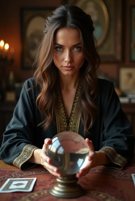 Ultra-realistic 8K image of a fortune teller with brown hair looking directly at the camera with a piercing and intense gaze. She stands close to the viewer, with both hands on the table with a crystal ball, strongly attracting attention. She wears a detai...