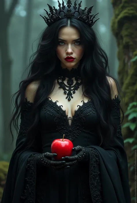 Girl,Black long hair，Black Queen，accessories，Apple in hand，Poison apples，Witch Queen，Red lipstick