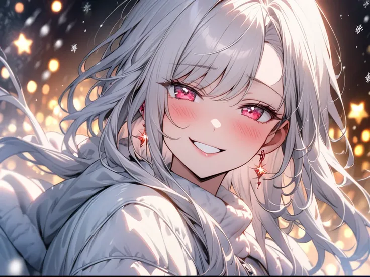 a woman, beautiful、Silver long hair, beauty、swept bangs、Crimson Eyes、slant eyes、Wide Eyes、 whole body、a woman gazing at illuminations, The woman is wearing warm coats, blush, smug, admire the brilliance of the lights, The background features sparkling ligh...