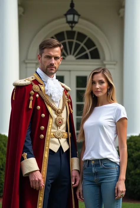 Award winning photography, masterpiece, King alexander with a woman wearing jeans and t shirt, in front of white house, posing